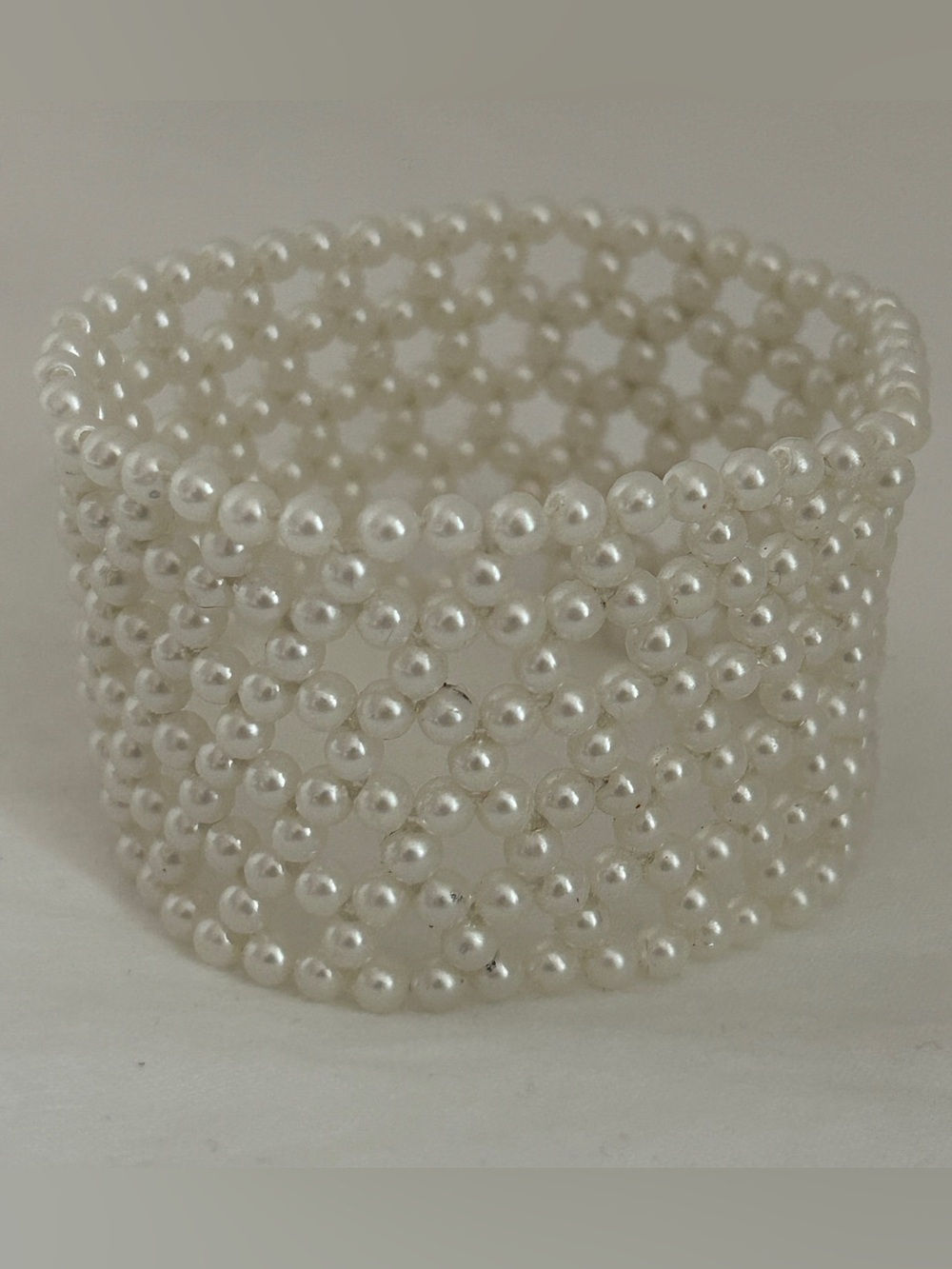 Vintage cuff bracelet White Pearl Beaded Stretchy netted lattice faux pearl